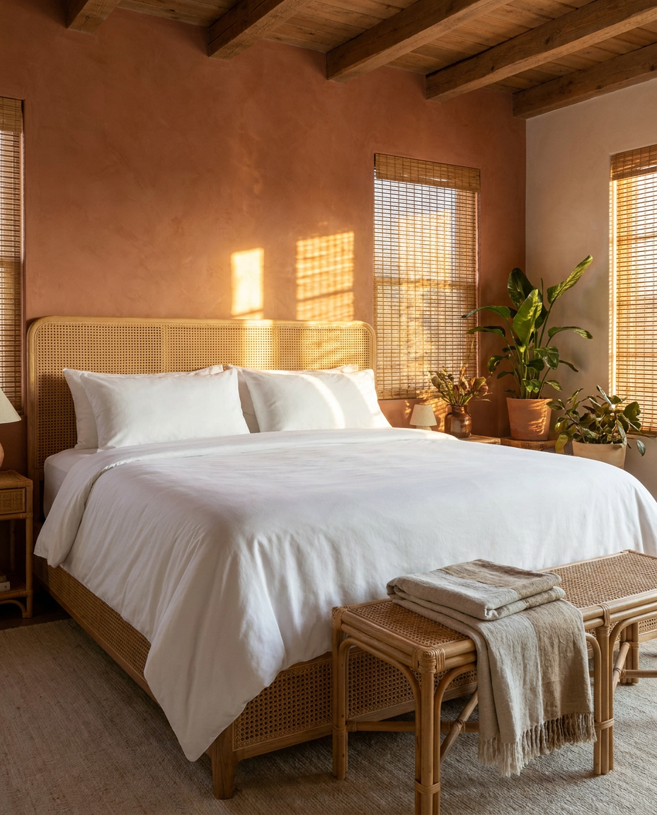 Bast & Co sheets in a warm terracotta bedroom with cane headboard