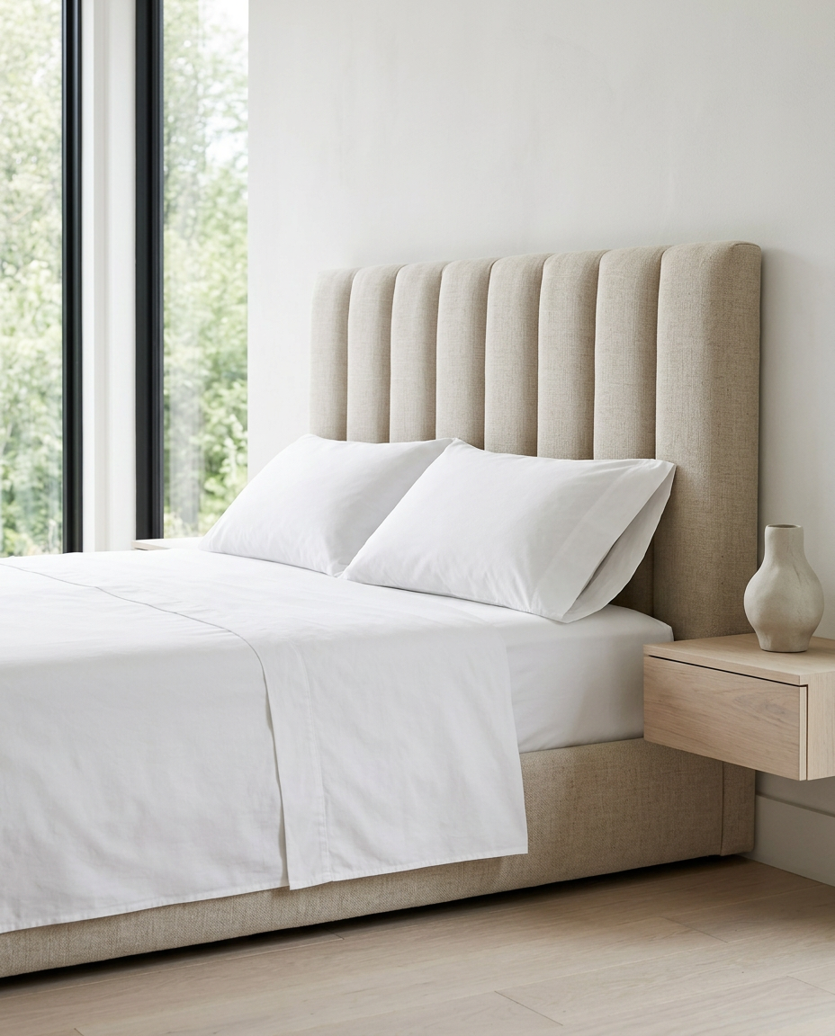 Bast & Co sheets in a bright minimalist plaster-walled bedroom