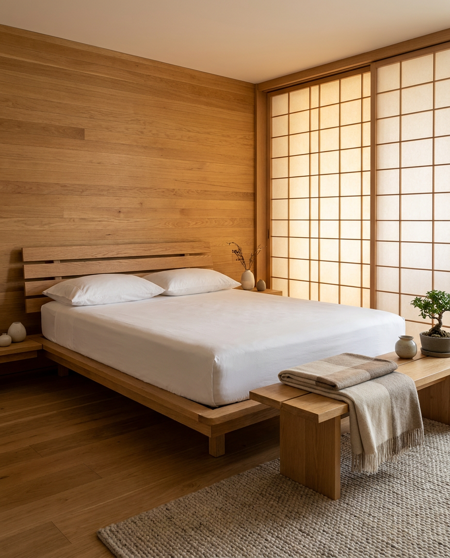 Bast & Co sheets in a Japandi-style honey oak bedroom