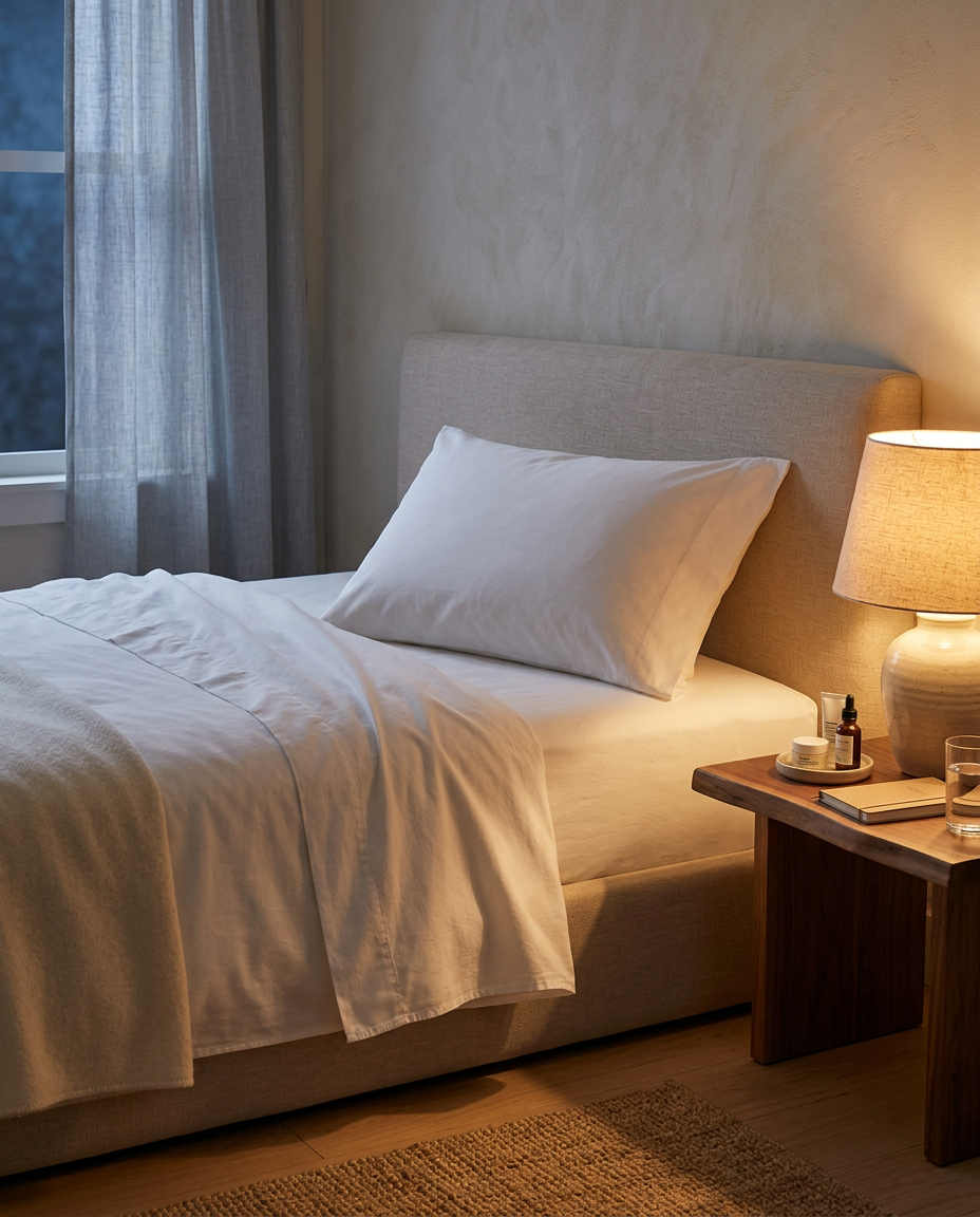 Bast & Co sheets in a cozy warm-lit evening bedroom